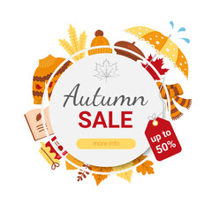 Autumn seasonal sale banner with text in circle frame, colorful leaves, autumn clothes and objects. Isolated on white. Vector flat illustration