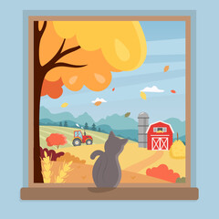 Window with autumn landscape and cat sitting on the windowsill and looking outside. Seasonal rural scene in flat style with farm, fields and colorful trees. Autumn card concept. Vector illustration