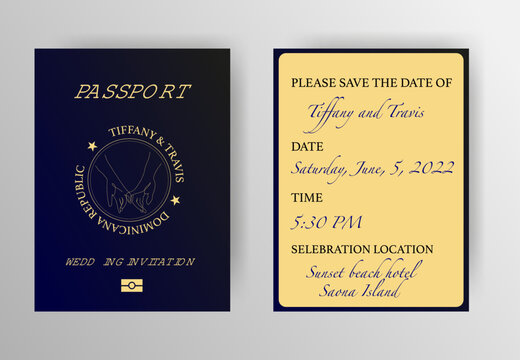 Passport wedding invitation gold background. Original design of wedding invitation. Invitation card design.