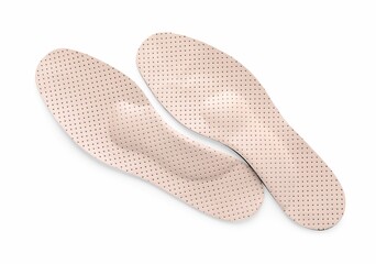 Beige orthopedic insoles isolated on white, top view