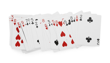 Obraz premium Deck of playing cards isolated on white, top view. Poker game