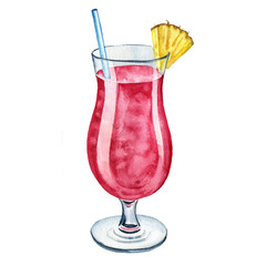 watercolor drawing glass with singapore sling cocktail at white background,hand drawn illustration