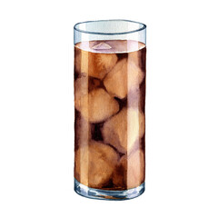 watercolor drawing glass with Cuba Libre cocktail or cola with ice, at white background,hand drawn illustration