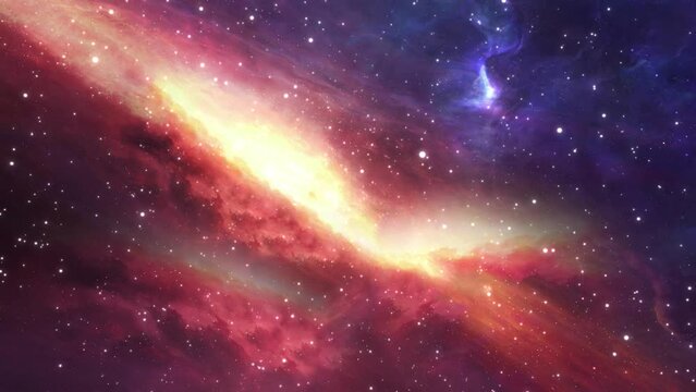 Camera flying through the clouds and star field in outer space. Animation of flying through glowing nebulae and stars. Abstraction on a scientific theme. Flight to the far reaches of the universe. 	
