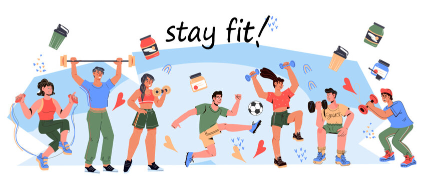 Stay fit banner template on sport and fitness theme, flat cartoon vector illustration. Banner background with people exercising with different sports equipment.