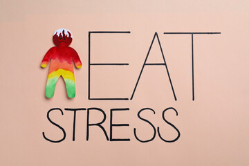 Words Heat Stress with human cutout on beige background, top view