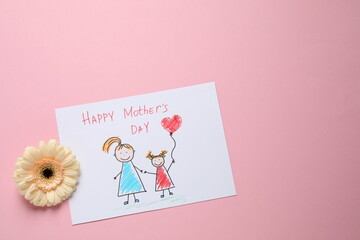Drawing for Mother's day and flower on pastel pink background, flat lay