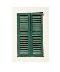 Window with closed wooden shutters isolated on white