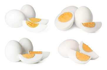 Set with tasty hard boiled eggs on white background