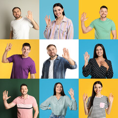 Collage with photos of cheerful people showing hello gesture on different color backgrounds