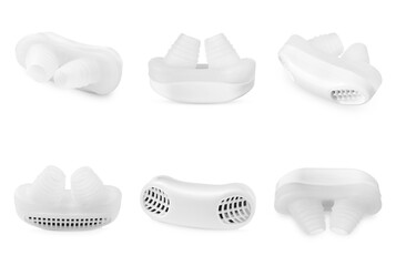 Anti-snoring devices for nose on white background, collage