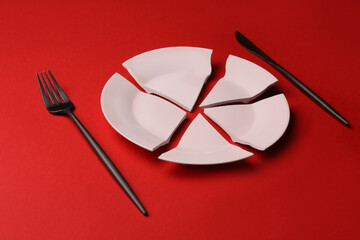 Pieces of broken ceramic plate and cutlery on red background