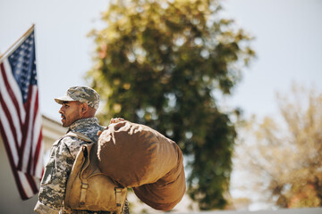 Young soldier returning home from the military