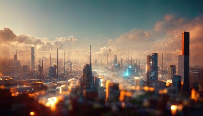 Abstract futuristic future city, beautiful sunset. Urban modern landscape. High-rise buildings. Unreal world. 3D illustration.