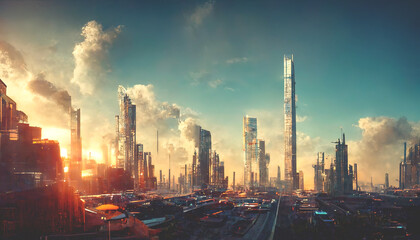 Obraz na płótnie Canvas Abstract futuristic future city, beautiful sunset. Urban modern landscape. High-rise buildings. Unreal world. 3D illustration.