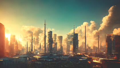Obraz na płótnie Canvas Abstract futuristic future city, beautiful sunset. Urban modern landscape. High-rise buildings. Unreal world. 3D illustration.
