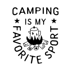 Linear design with kettle on burning bonfire and text on white surface