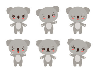Cartoon koala kawaii style emoji. Baby koala character set various emotions. Kawaii animal facial expressions - calm, happy, laughing, smiling, waving, winking. Cute koala bear character chibi style.