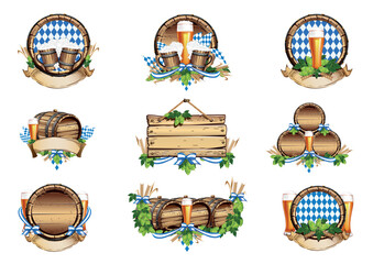 Set of old beer barrel, glass, wooden goblet, wooden signboard for beer festival celebration. Oktoberfest. Decorations for menu, advertising, flyer or poster. Vector illustration.