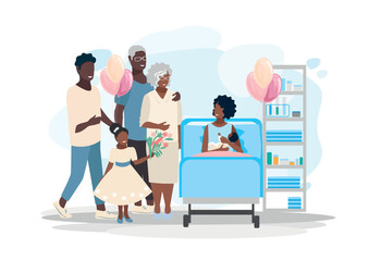 A happy big family came to the maternity hospital to congratulate the mother on the newborn baby. Joy and happiness of motherhood. Vector illustration in a flat style.