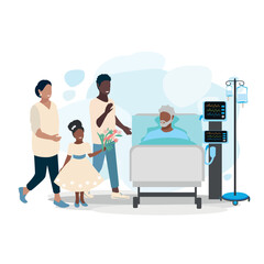 Children and granddaughter visit their elderly dad in the hospital. Patient and visitors. Joy and positive from meeting close friends. Vector illustration in a flat style.