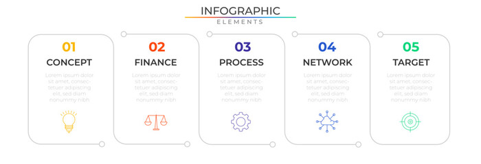 Connect five steps infographic elements concept design vector with icons. Business workflow network project template for presentation and report.
