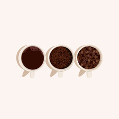 The three flat cups with different conditions of coffee