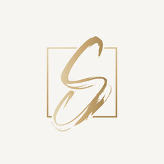 Letter S logo. Alphabet initial. Handwriting lettering sign isolated on light fund. Decorative style icon for brand identity. Elegant calligraphy, beauty, signature font monogram. Square frame.
