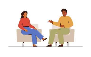 Man and woman sit on the couches and  talk about something.  Female host listening to her guest story-telling. Psychotherapist has a session with her patient.  Business interview and Conversation conc - 520983142