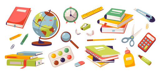 School supplies. Stacks of books, notebooks, writing supplies for the office and school. Back to school. Flat vector illustration
