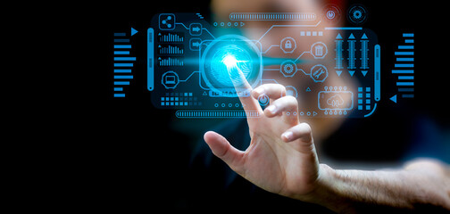 businessman controlling handwriting touch screen green tablet technology concept System access, security, control interface virtualization, and copy  space background