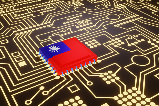 An advanced CPU printed with a flag of Taiwan on a neon glowing electronic circuit board. Illustration of the concept of Taiwan made high-end micro chips.