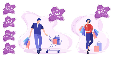A man and a woman go shopping with a cart with bags and packages. Set of vector flat illustration concept of marketing, discount sale and shopping. Stickers price tags with promotion discounts