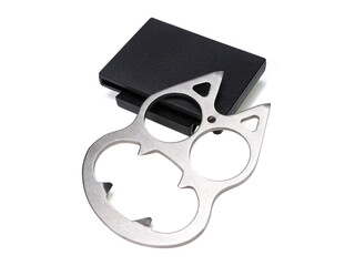Miniature brass knuckles in the shape of a cat's head, as well as a bottle opener. With belt pouch....