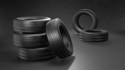 New car tires pile on the asphalt on a black background. 3D illustration