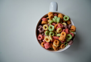 Top view of colorful round cereal bowl with copy space.