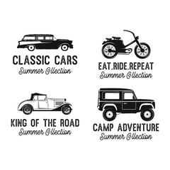 Obraz premium Classic cars badges with various modern and retro vehicles and Summer Collection inscriptions against white background