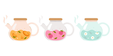 Set of glass teapots with different tastes