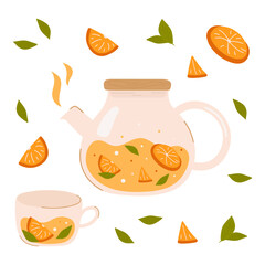 Set of glass teapot, teacup with fruit