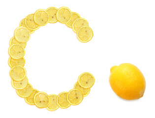 Lemon is a natural source of vitamin C. Alphabet letter C made from yellow lemons