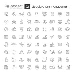 Fototapeta na wymiar Supply chain management linear icons set. Production and logistics. Customizable thin line symbols. Isolated vector outline illustrations. Editable stroke. Quicksand-Light font used