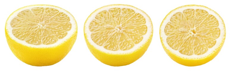 Set of half of yellow lemon citrus fruit isolated on white background with clipping path. Full depth of field.