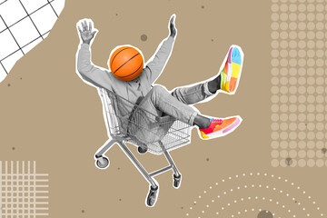 Exclusive painting magazine sketch image of funky funny guy basketball head siting in cart ride...