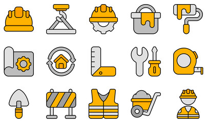 Set of Vector Icons Related to Construction. Contains such Icons as Helmet, Maintenance, Paint Bucket, Vest, Wheelbarrow, Worker and more.