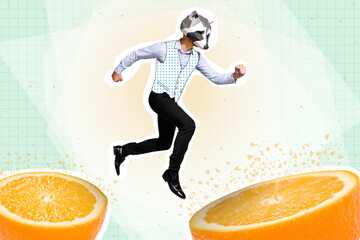 Full length image photo artwork collage of unusual guy wear 3d pop trend mask jump up over big...