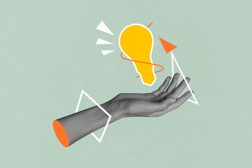 Surreal unusual vintage collage illustration of black white colors arm levitate light bulb new idea...