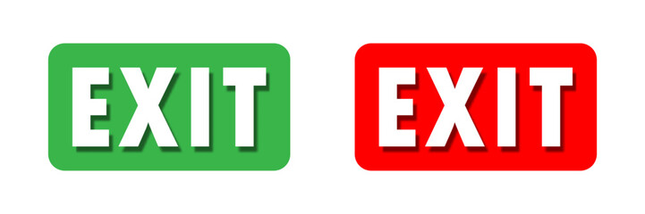 Green and red exit signs with text. Flat vector illustration.