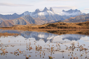 Guichard lake and Aiguilles d'Arves mountains in the french Alps, Savoie, Saint Sorlin d'Arves
