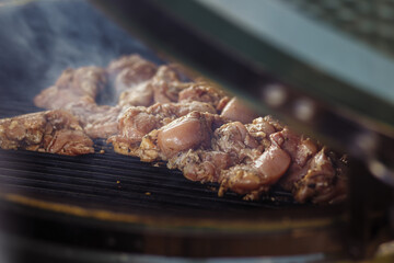 Close up image of The Green Egg outdoor barbecue. Very popular ceramic bbq. Raw meat on the grill