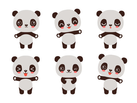 Cartoon panda kawaii style emoji. Baby panda bear character set various emotions. Kawaii animal facial expressions - calm, happy, laughing, smiling, waving, winking. Cute panda character chibi style.
